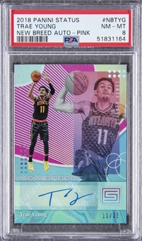 2018-19 Panini Pink Status New Breed Autographs #NBTYG Trae Young Signed Rookie Card (#11/25) - PSA NM-MT 8
